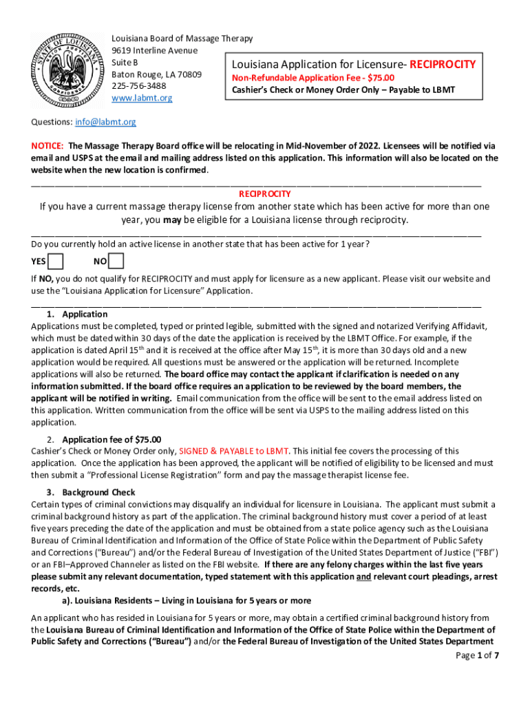 Fillable Online Louisiana Application for Licensure RECIPROCITY Fax