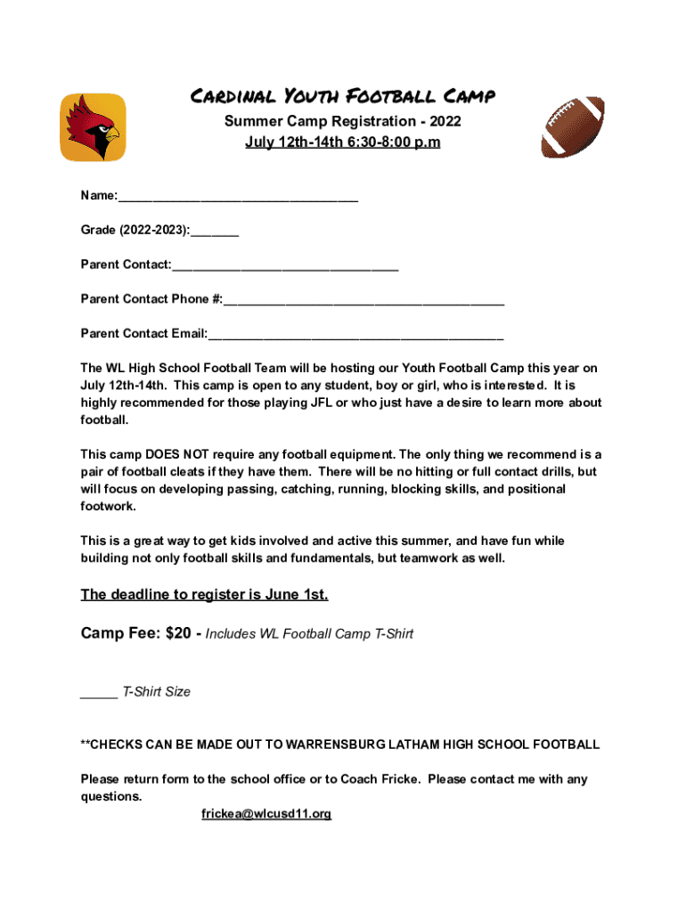 Fillable Online Cardinal Youth Football Camp Warrensburg Fax Email