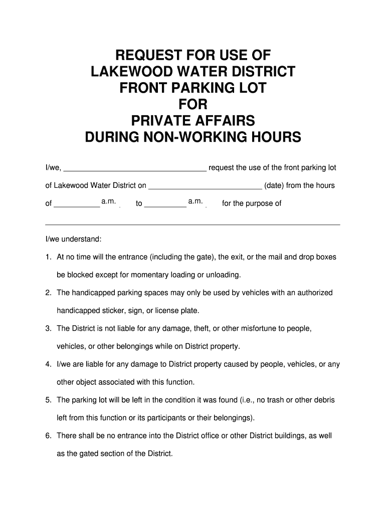Fillable Online lakewoodwaterdist Parking Lot Use Request Lakewood