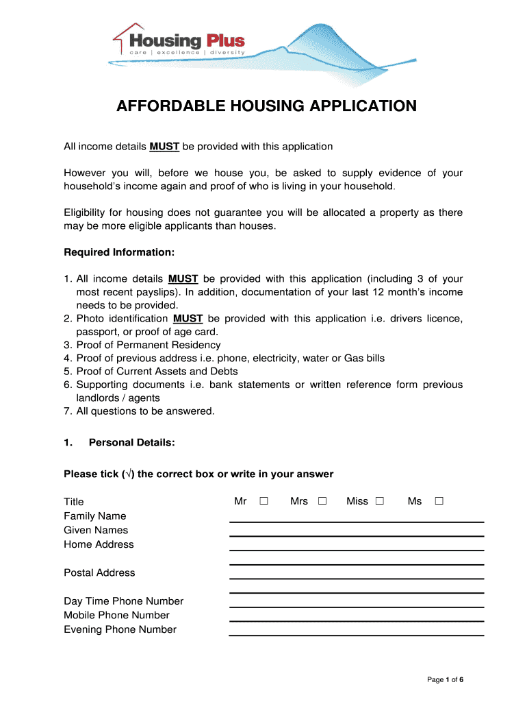 Fillable Online Housing Plus Affordable Housing Application Form Fax