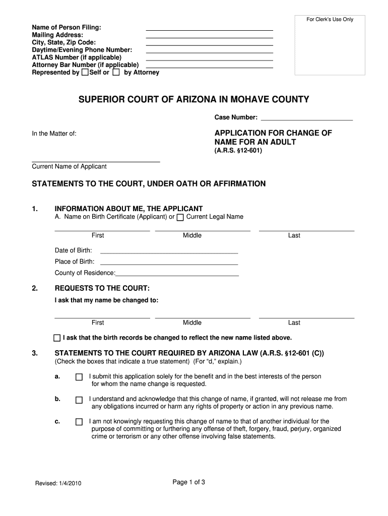 Fillable Online mohavecourts az Application for Change of Name for an Adult Mohave County