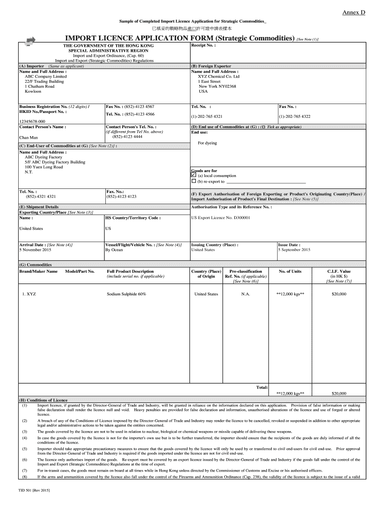 Fillable Online Sample of Completed Import Licence Application for Strategic Commodities Fax