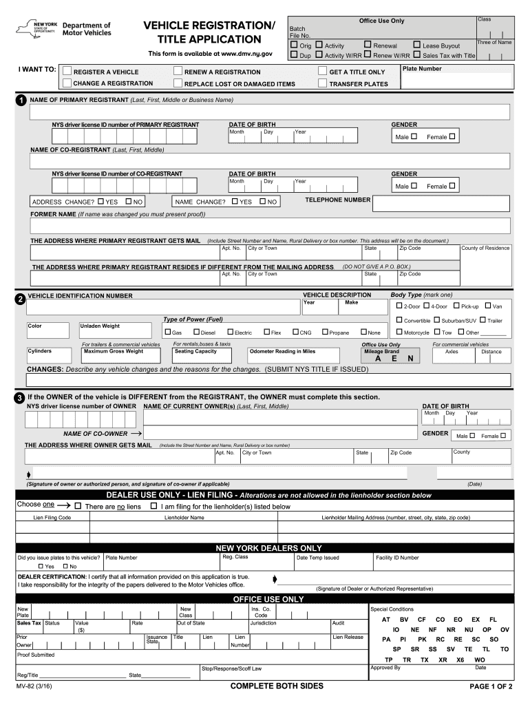 Fillable Online dmv ny VEHICLE REGISTRATION/ TITLE APPLICATION This