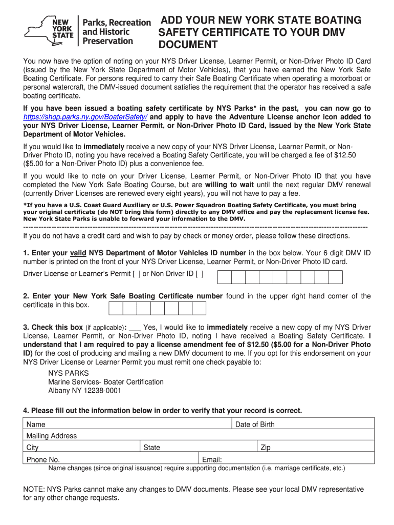 Fillable Online parks ny NY State Boating Safety Certificate Optional