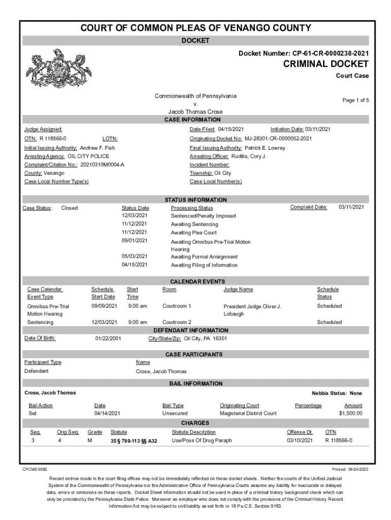 Fillable Online COURT OF COMMON PLEAS OF VENANGO COUNTY CRIMINAL