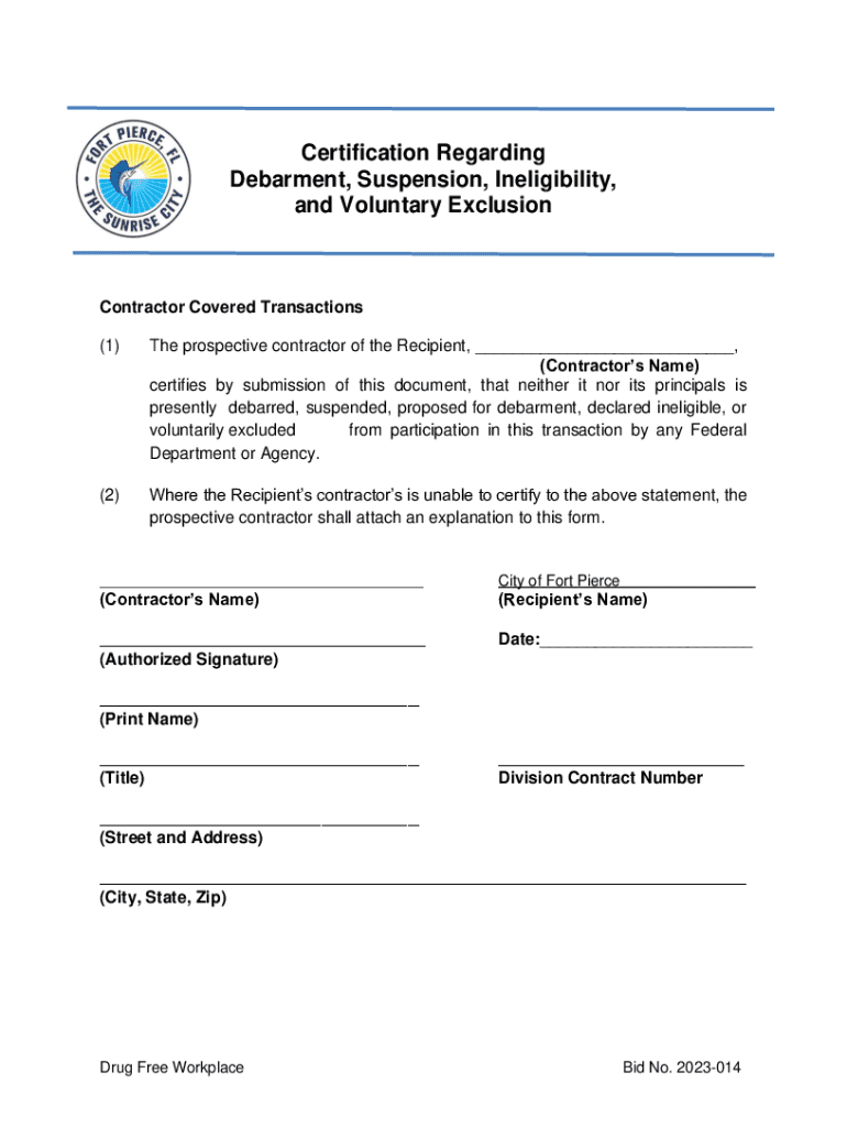 Fillable Online Certification Regarding Debarment, Suspension
