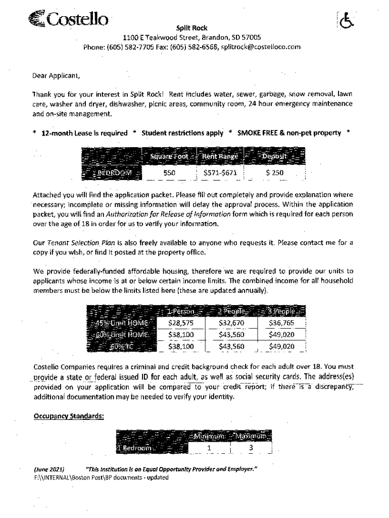 Fillable Online Split Rock Apartments 1100 E Teakwood St Brandon, SD