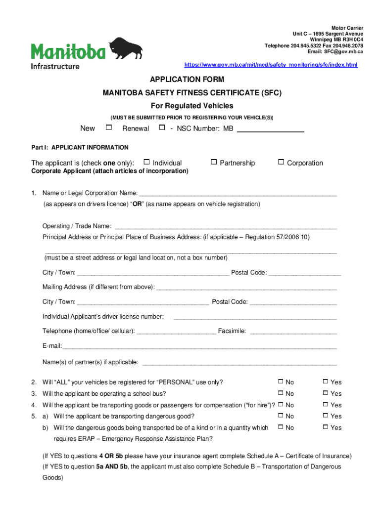 Fillable Online gov mb Manitoba safety fitness certificate application