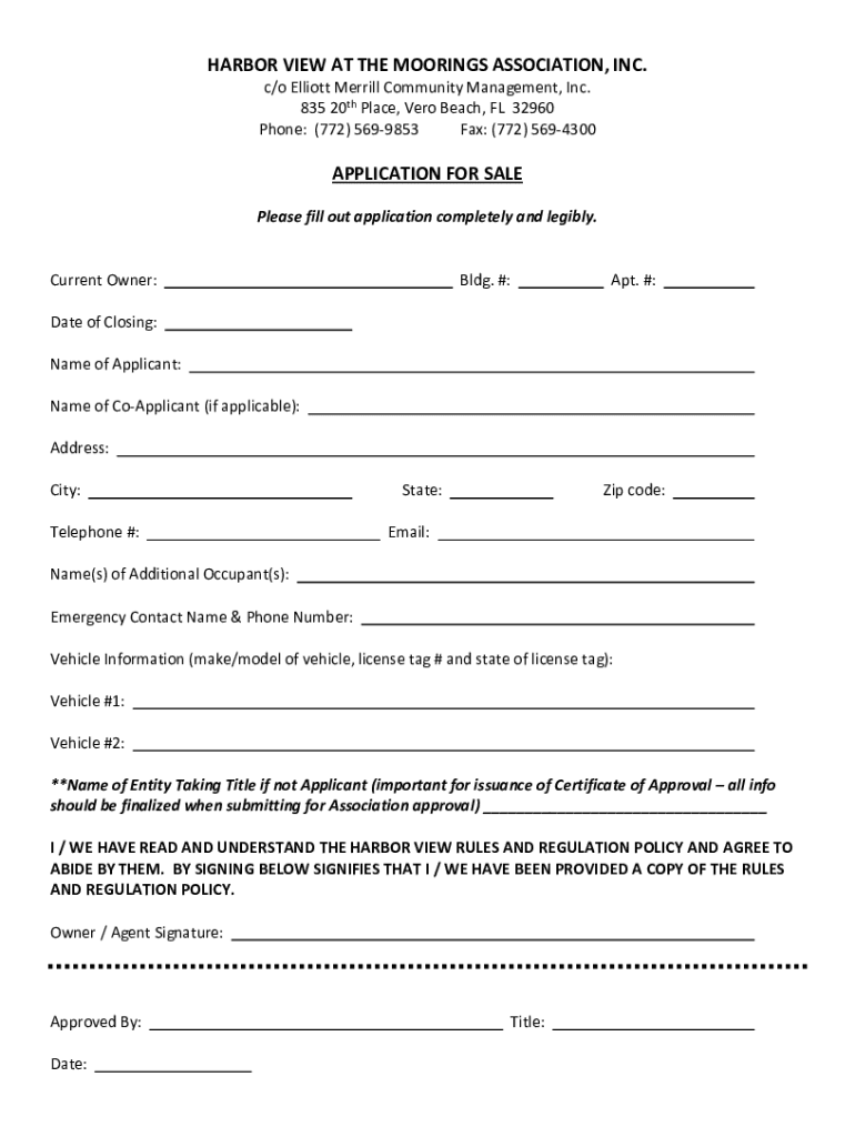 Fillable Online Harbor View at the Moorings Condo Association, Vero