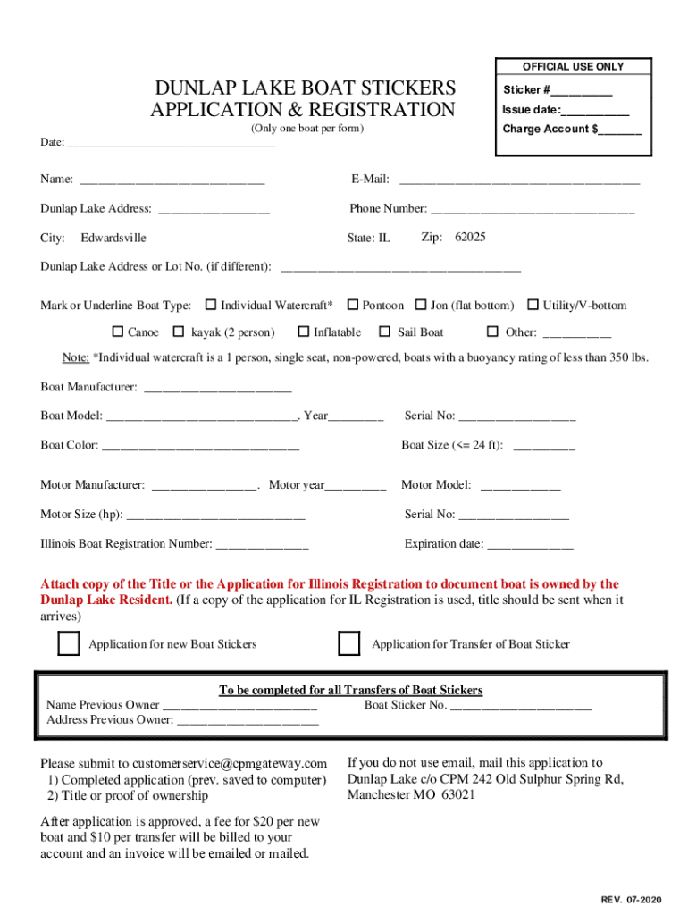 Fillable Online Boat Stickers Application and Registration Dunlap