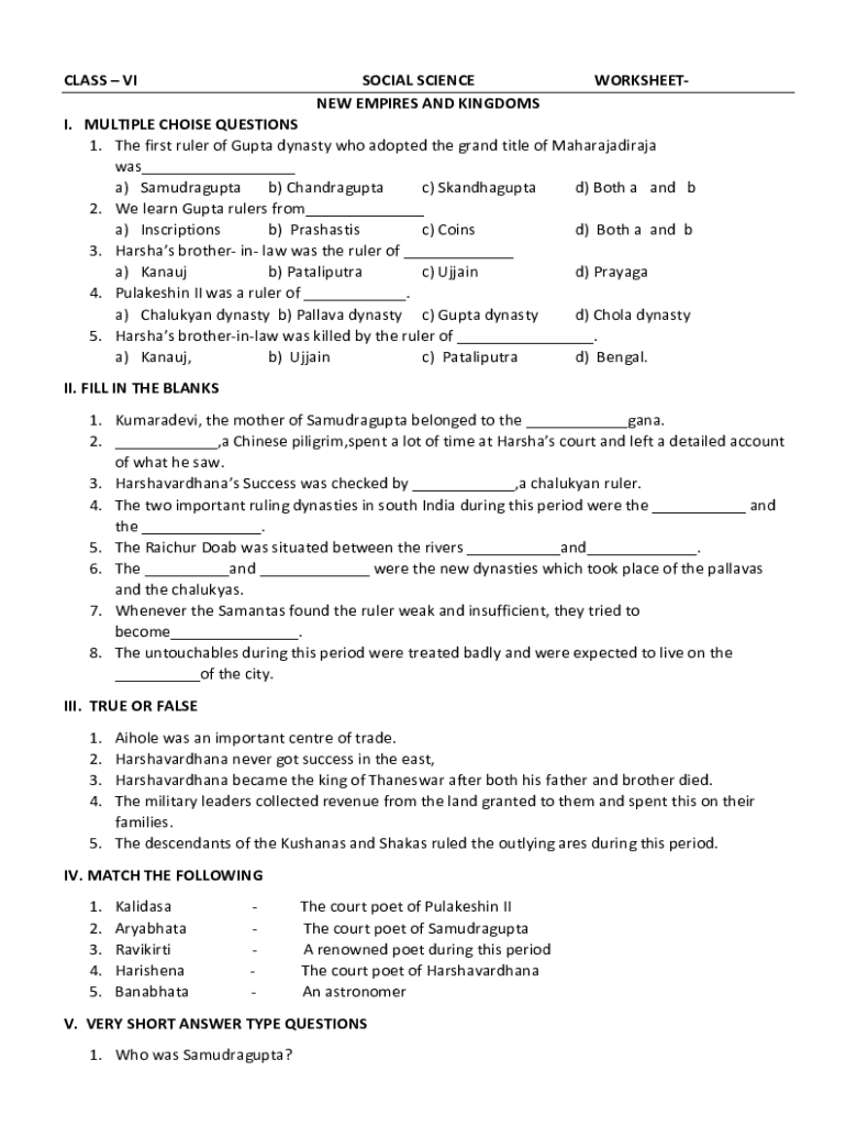 Fillable Online CLASS VI SOCIAL SCIENCE WORKSHEET NEW EMPIRES AND