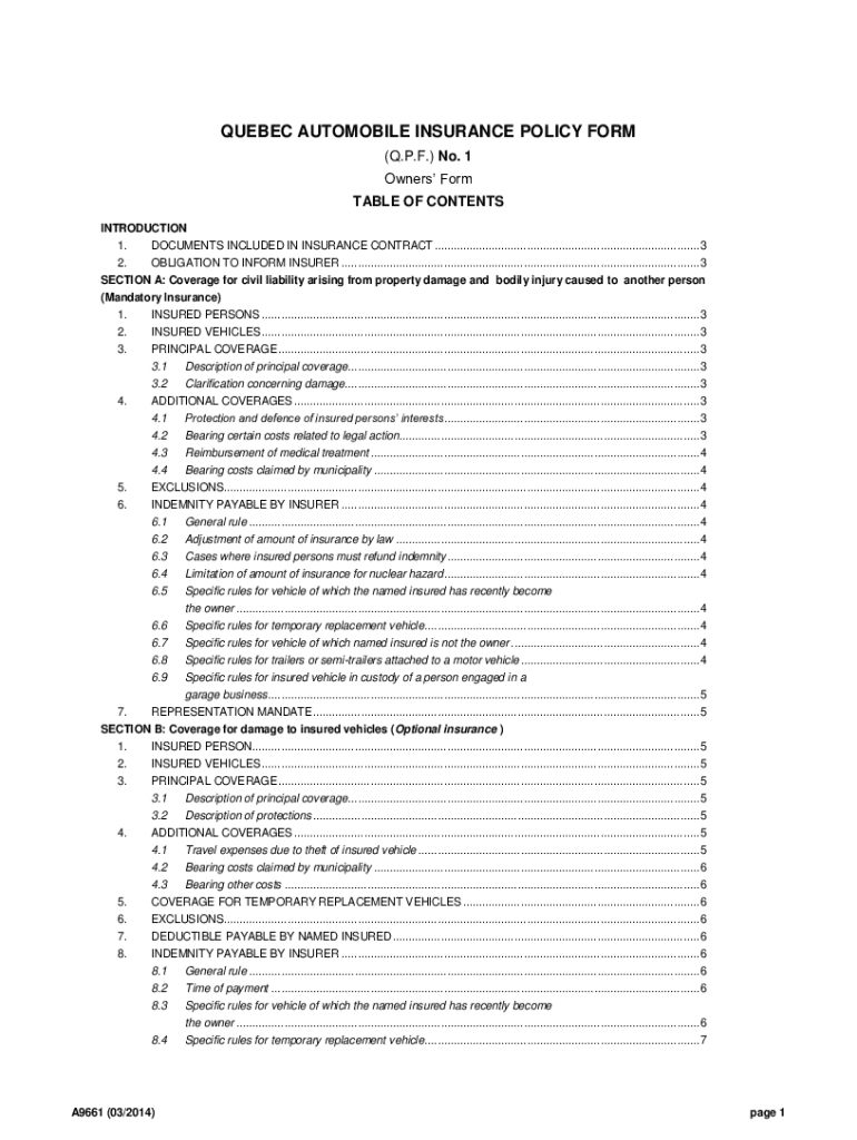 Fillable Online quebec automobile insurance policy (owner's form) qpf