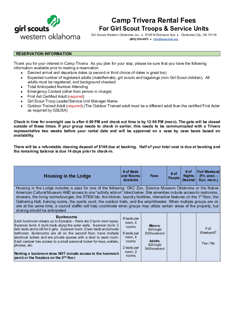 Fillable Online TriveraGirlScoutRentalsPricingSheet9.16.2020 Fax Email Print pdfFiller
