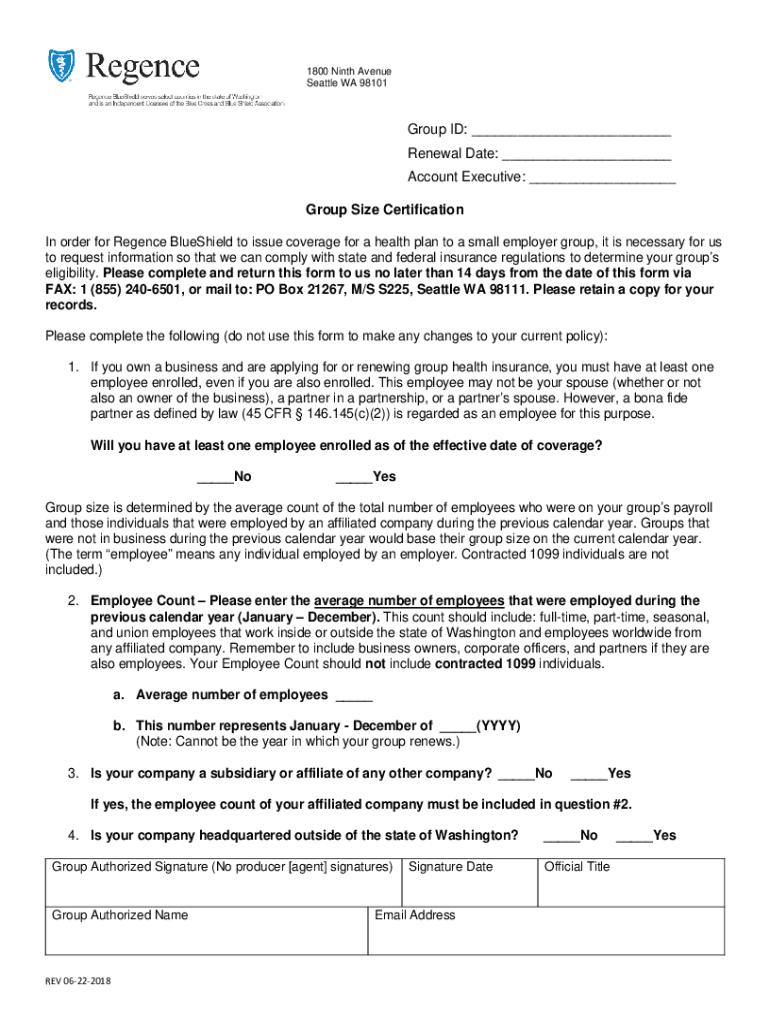 Fillable Online Regence BlueShield Group Size Certification Form Fax