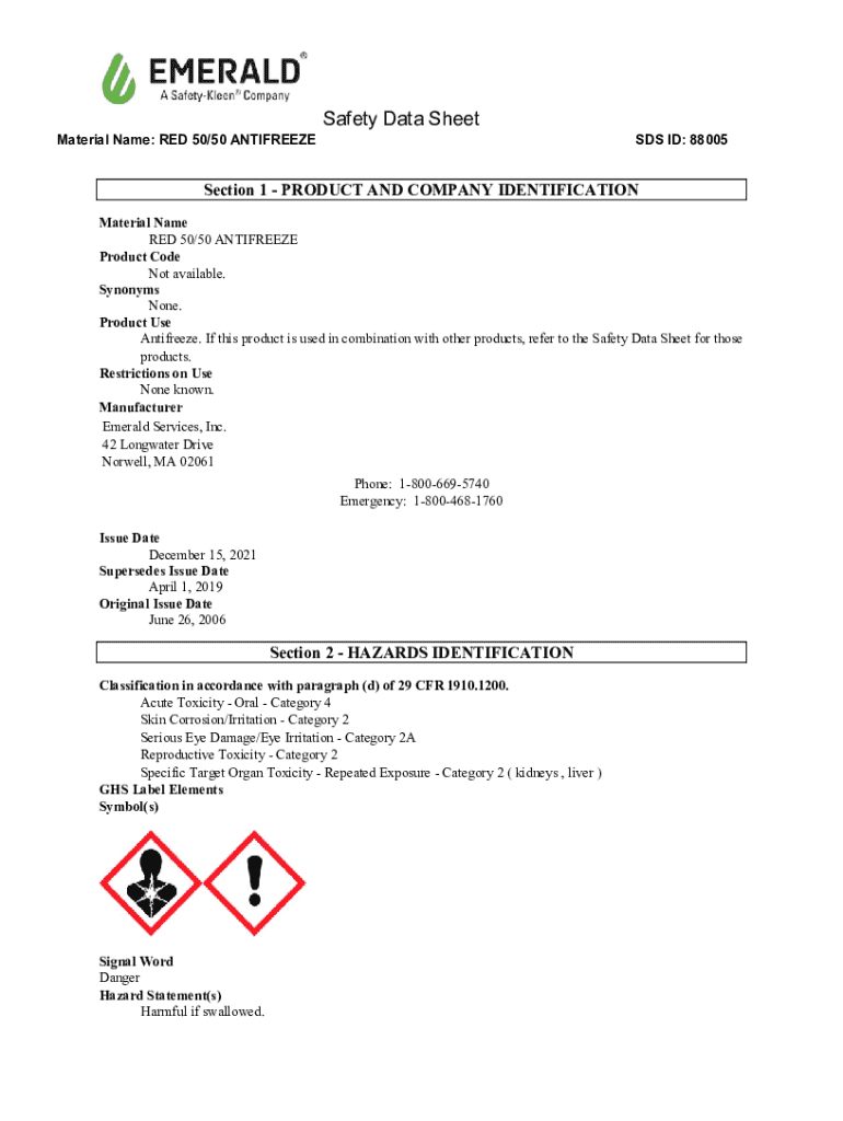 Fillable Online SAFETY DATA SHEET PREMIUM RED ANTIFREEZE Fax Email