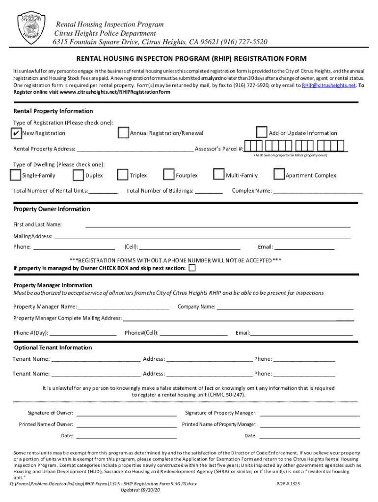 Fillable Online Rental Housing Inspection ProgramCitrus Heights, CA Fax