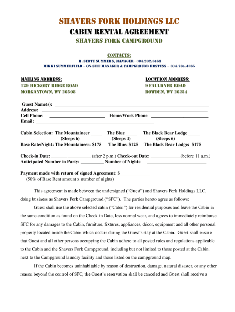 Fillable Online SHAVERS FORK HOLDINGS LLC Cabin rental agreement Fax