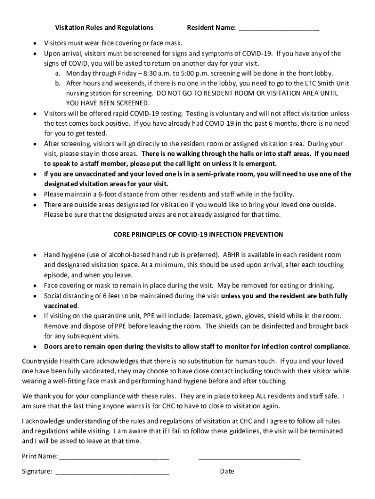 Fillable Online Visitation Rules and Regulations Resident NameVisitors must Fax Email Print