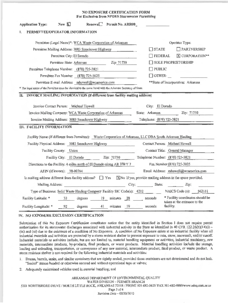 Fillable Online NO EXPOSURE CERTIFICATION for Exclusion from Storm