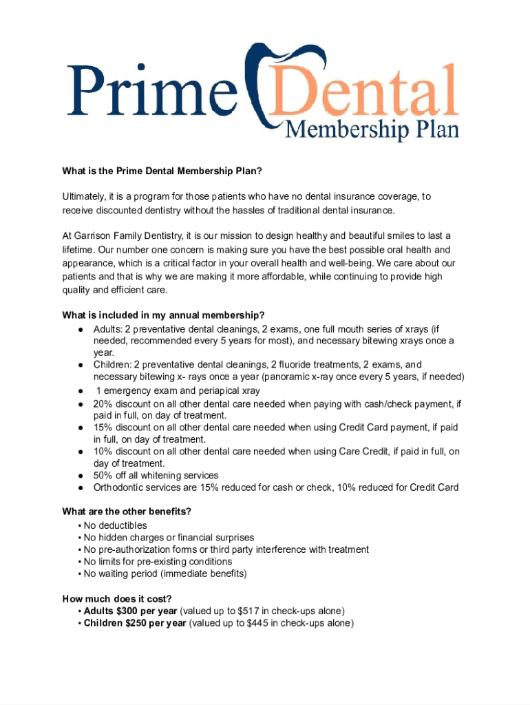 Fillable Online Prime Dental Membership Plan Garrison Family