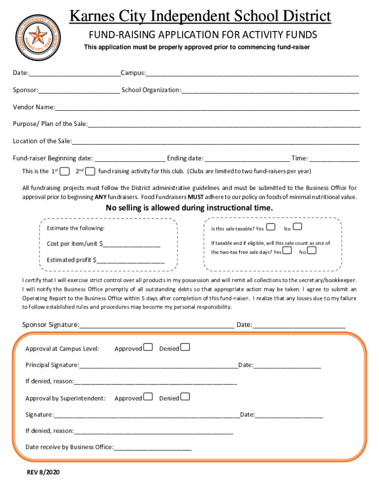 Fillable Online Karnes City ISD Fundraising Application For Activity