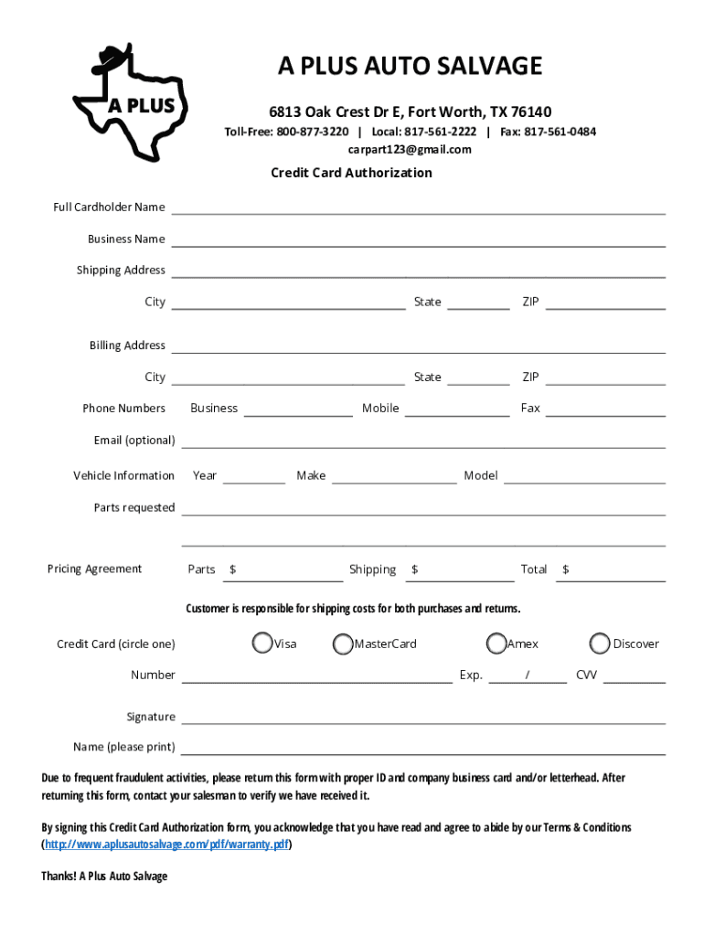 Fillable Online Credit Card Authorization Form A Plus Auto Salvage