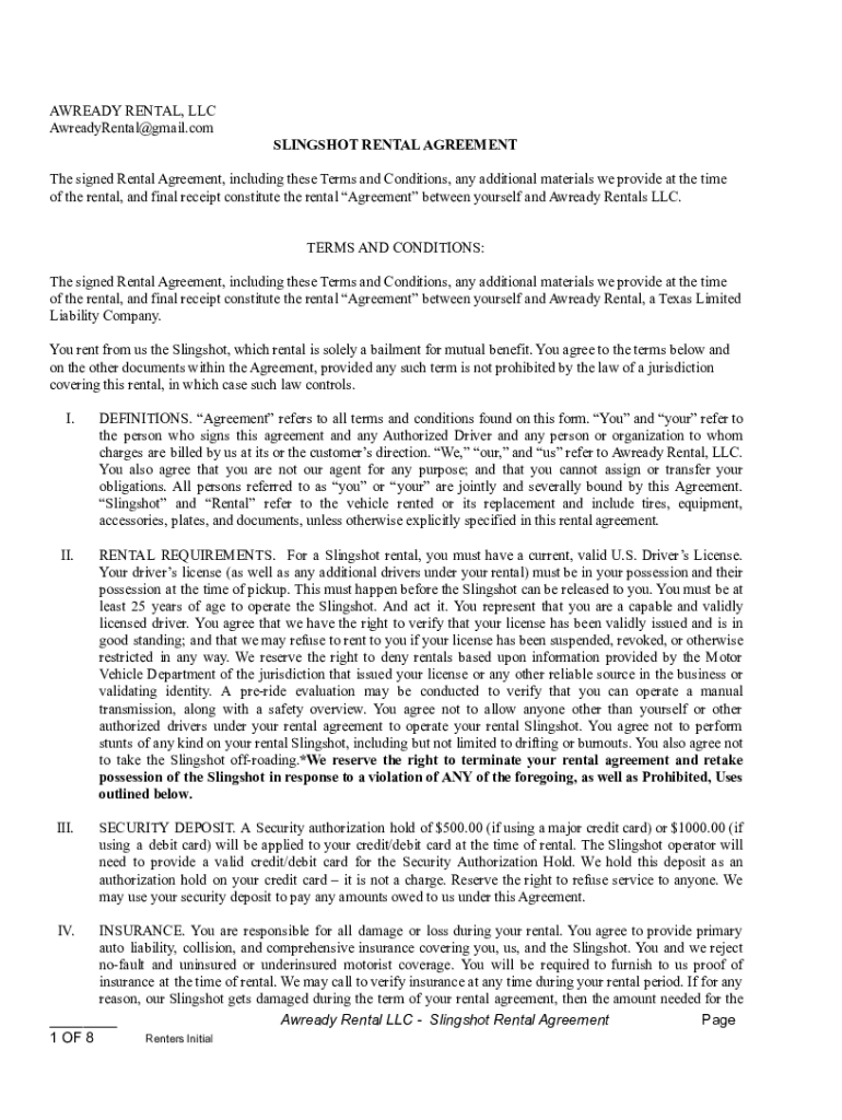 Fillable Online This Sling Shot rental agreement (Agreement) is made and Fax Email Print