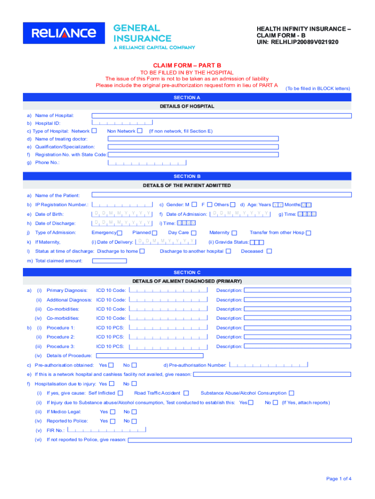 Fillable Online Reliance Wealth + Health Plan Claim Form Hospital Cash