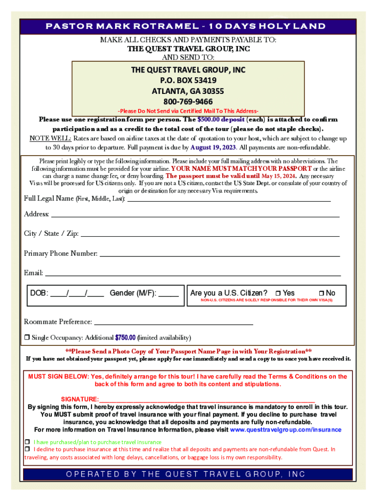 Fillable Online 10 days holy land operated by the quest travel group, inc Fax Email Print