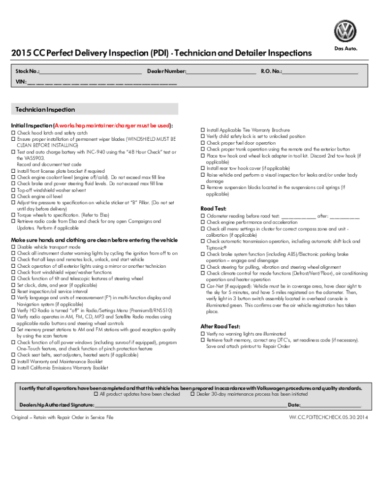 Fillable Online PreDelivery Inspection Checklist CarsPDF Fax Email