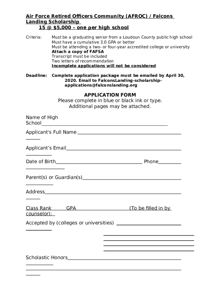 Get the free falcons landing scholarship Doc Template pdfFiller