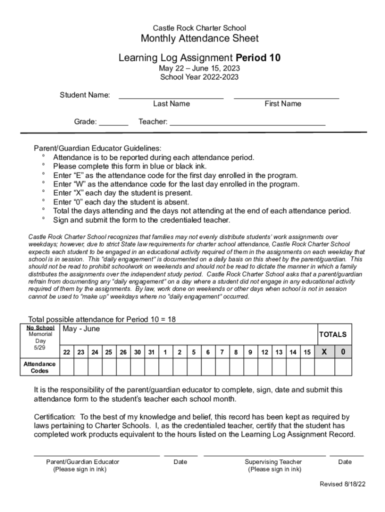 Fillable Online Castle Rock Charter School - Monthly Attendance Sheet