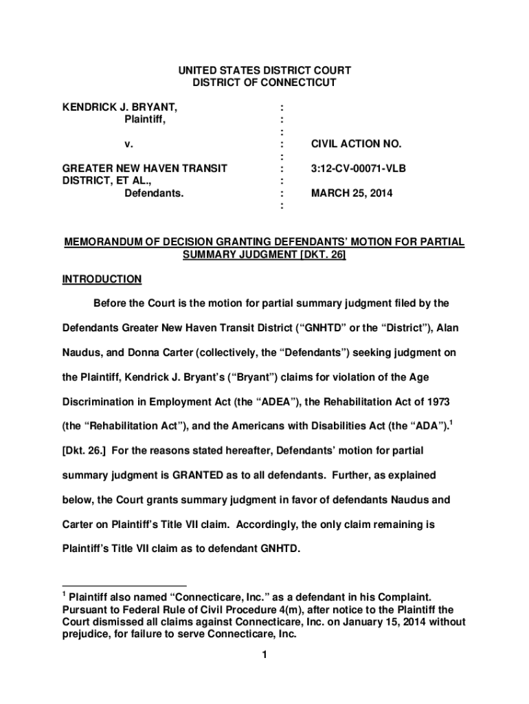 Fillable Online Revised Draft of Bryant v GNHTD MSJ Op FINAL FOR UPLOAD