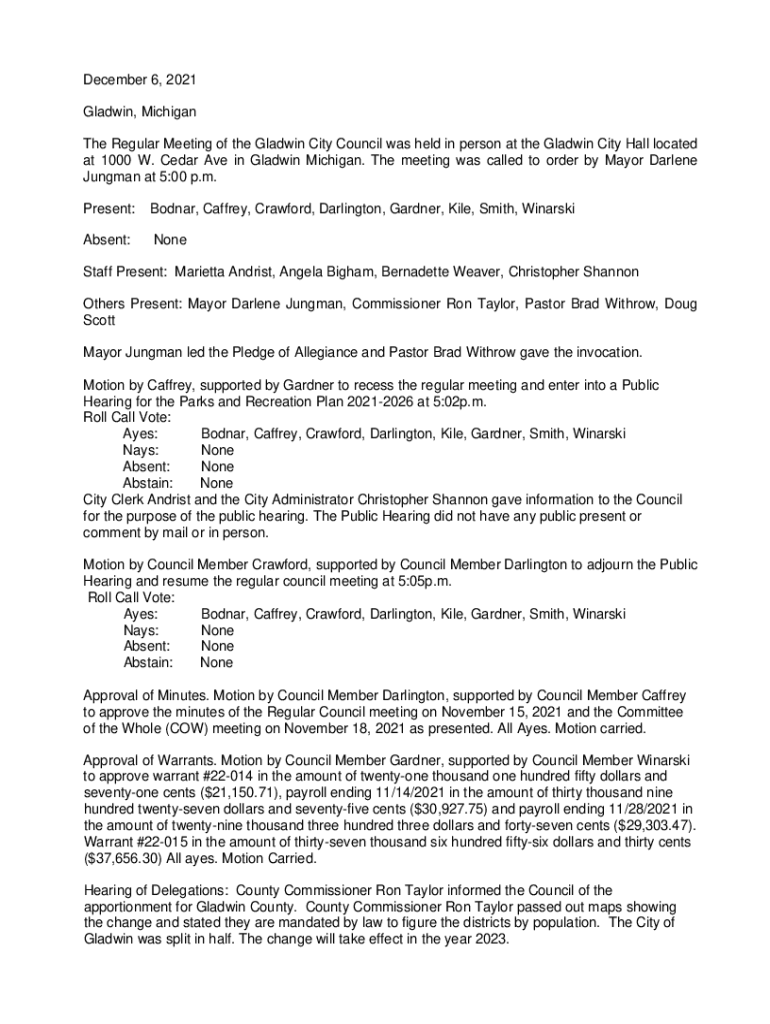 Fillable Online City of Gladwin, Gladwin City Hall, 1000 W Cedar Avenue