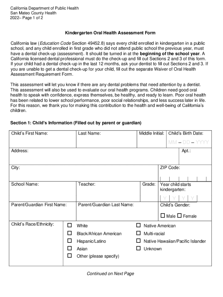 Fillable Online Kindergarten Oral Health Assessment Form Fax Email Print pdfFiller