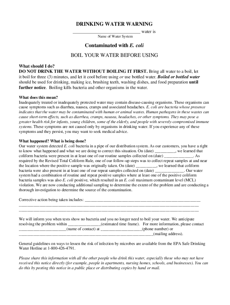 Fillable Online Public Notification Drinking Water E. Coli Contamination Boil Advisory