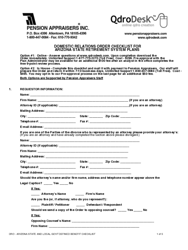 Fillable Online QDRO for Arizona State Retirement Systems Fax Email