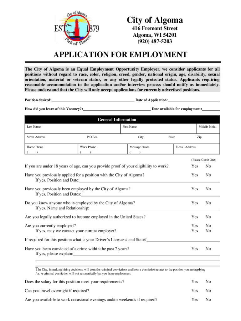 Fillable Online Application for employment City of Algoma Fax Email