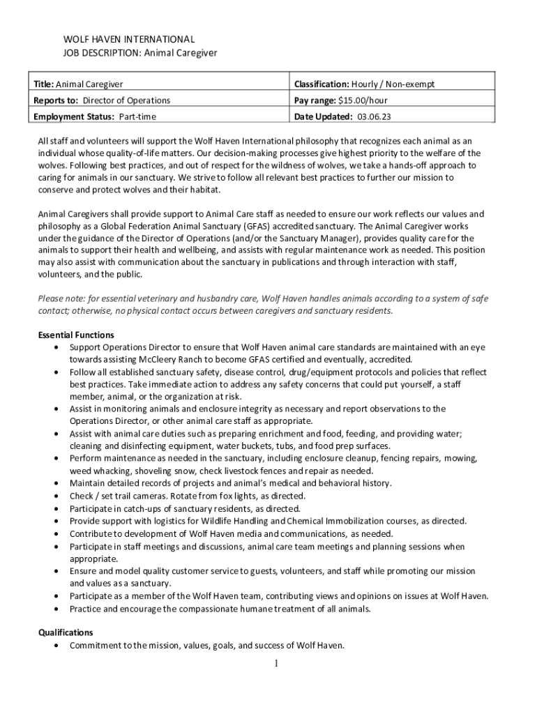 Fillable Online Job Animal Care and Facilities Technician, Wolf Haven Fax Email Print