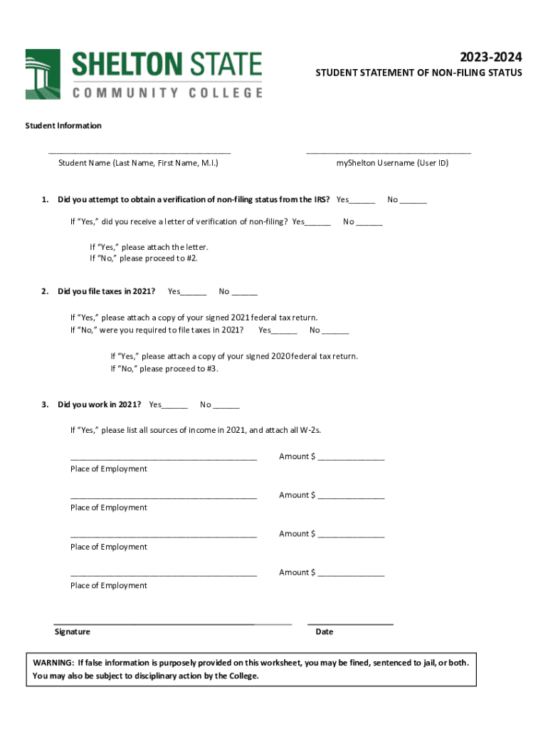 Fillable Online 20232024 Student Tax NonFiler Statement Form Fax