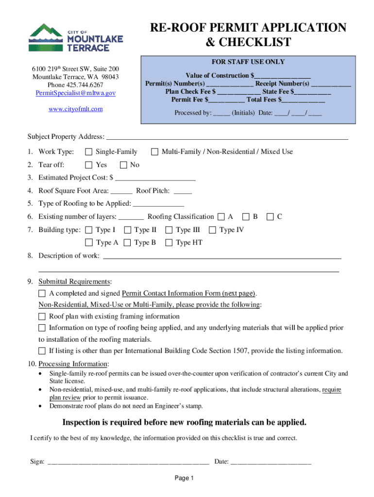 Fillable Online RE ROOF PERMIT APPLICATION FORM Fax Email Print pdfFiller