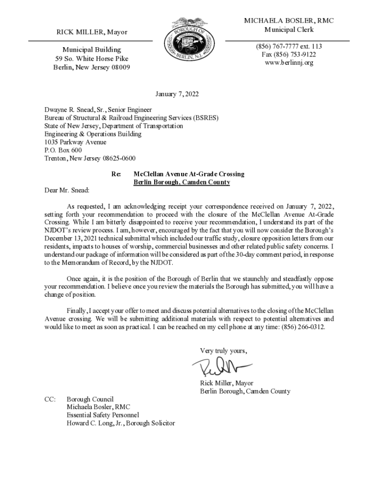 Fillable Online RICK MILLER, Mayor Municipal Building 59 So. White