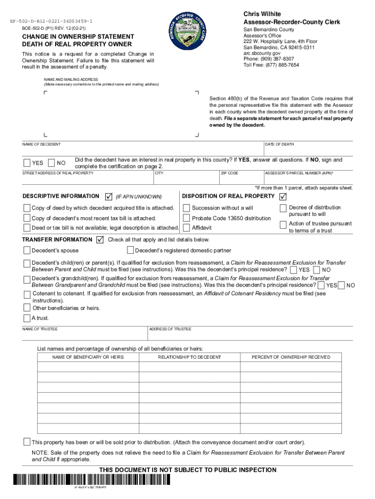 Fillable Online san bernardino County Cal Assessor eForms Fax Email