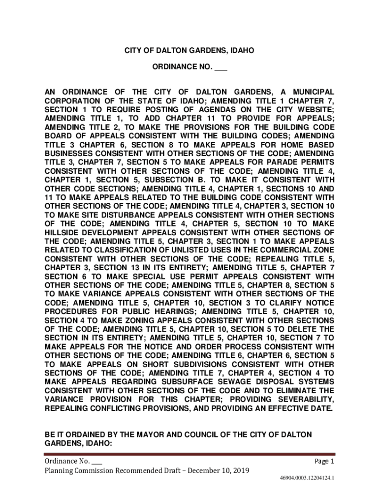 Fillable Online 1 CITY OF DALTON GARDENS, IDAHO ORDINANCE NO. Fax Email