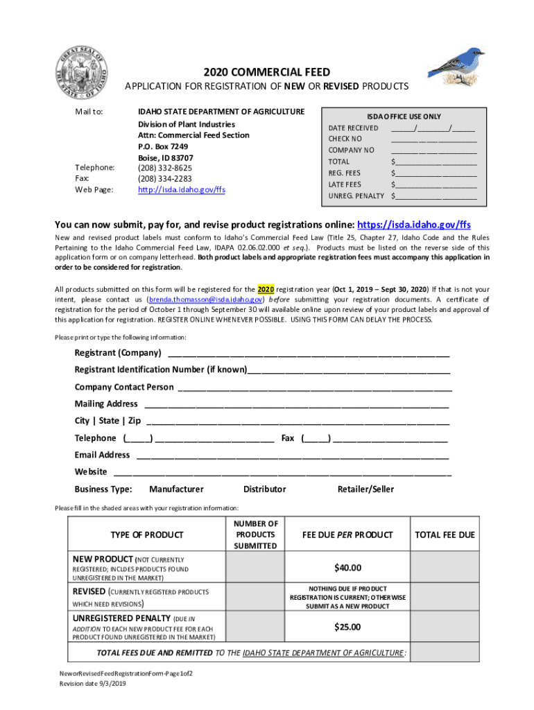Fillable Online agri idaho Form Commercial Feed Registration Fax Email Print pdfFiller