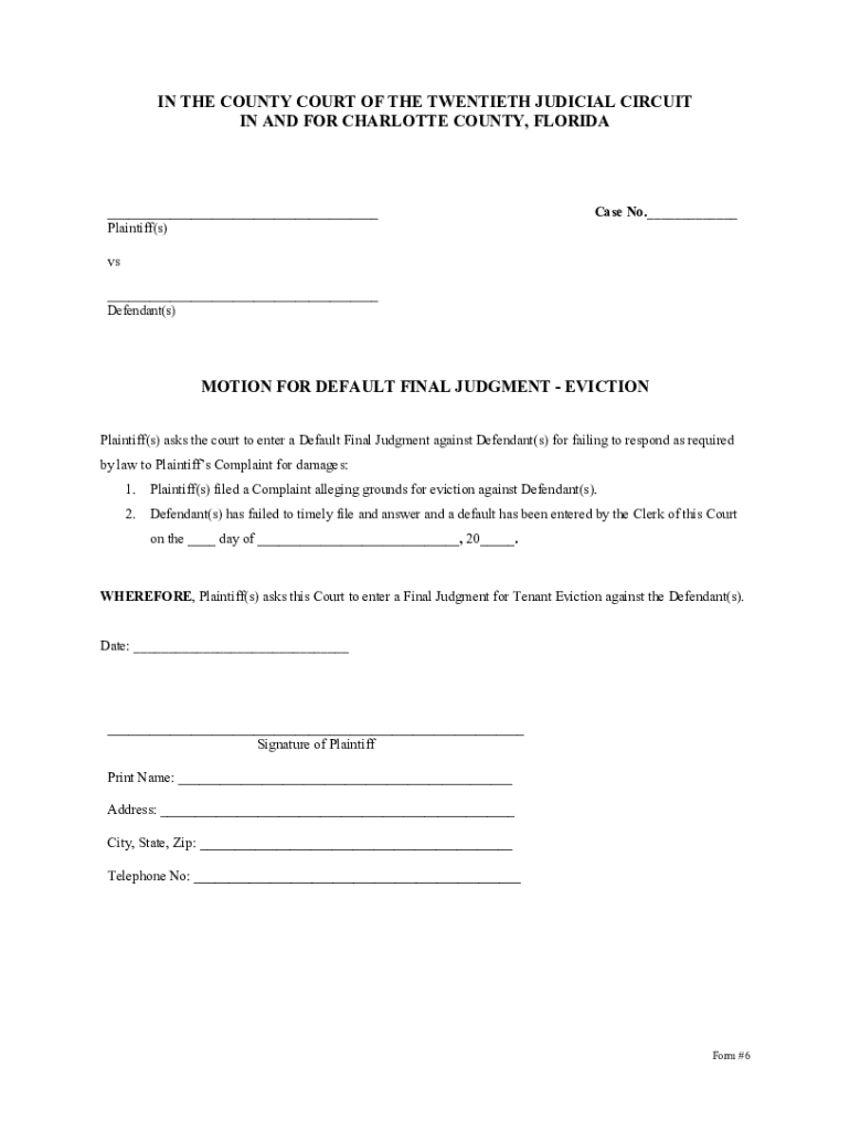 Fillable Online Form 78 Motion For Default Final Judgment (Residential