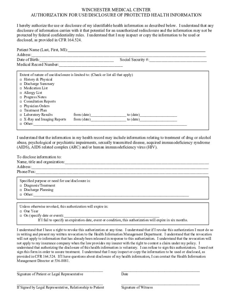 Fillable Online WINCHESTER MEDICAL CENTER AUTHORIZATION FOR Fax