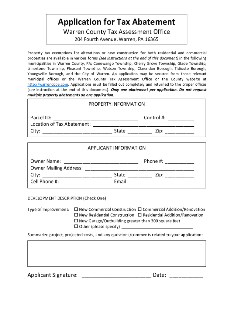 Fillable Online Application for Tax Abatement Warren County, PA Fax
