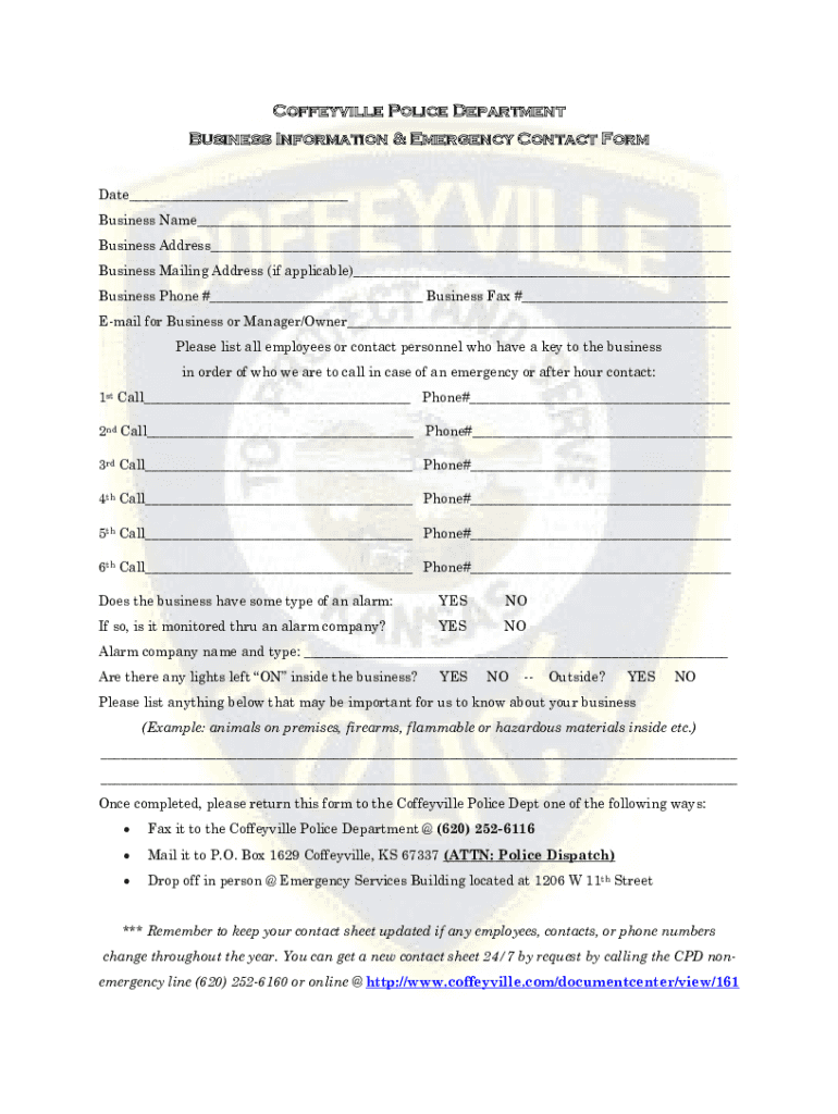 Fillable Online Coffeyville Police Department Business Information