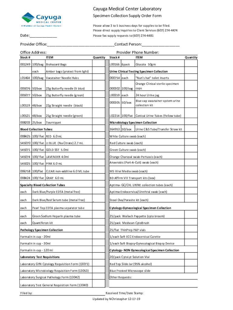 Fillable Online UVM Medical Center LABORATORY SUPPLY ORDER Fax